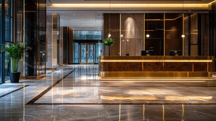 Poster - Luxurious hotel lobby with marble floor and golden reception desk