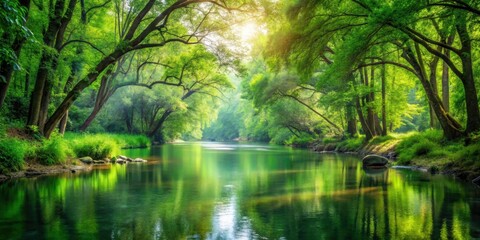 a serene forest landscape with lush vegetation and a calm river flowing through, showcasing the beau