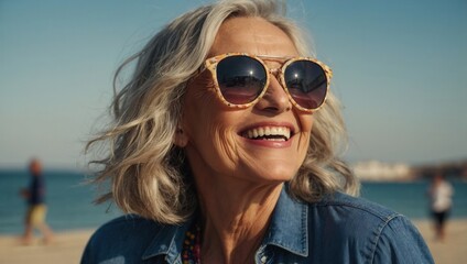 A woman with a beaming smile is wearing sunglasses and a texas jacket