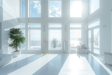 A white interior with expansive windows creates a bright and airy space, offering a modern and minimalist aesthetic for a variety of design and architectural concepts 