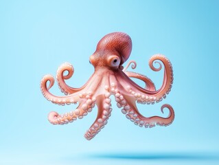 A vibrant octopus gracefully gliding in an aquarium against a soft blue background during daylight.