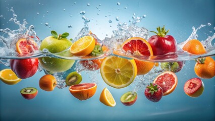 Wall Mural - Fresh fruit falling into water, perfect for making nutritious juices for dieting, fresh, fruit, water, organic, diet, healthy