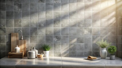 Wall Mural - Gray-toned tile background with various props and sunlight coming through the window , sunlight, gray, tile, background, props