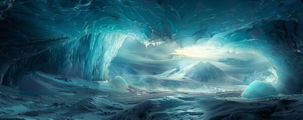 Wall Mural - Crystalline blue ice cave under glacier, 4K hyperrealistic photo