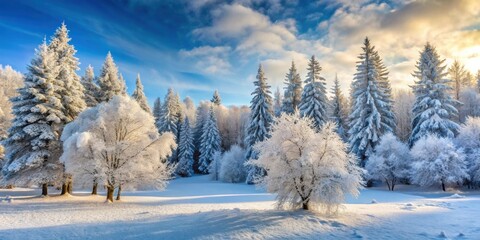 Wall Mural - Winter forest scene with snow-covered trees, creating a beautiful and serene landscape, Winter, forest, snow, trees, cold