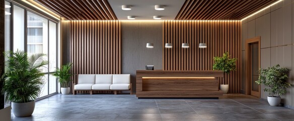 Wall Mural - Modern Lobby Interior with Wooden Paneling and a Reception Desk