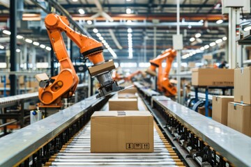 Conveyor belt with carton boxes, operated by orange robotic arms in factory