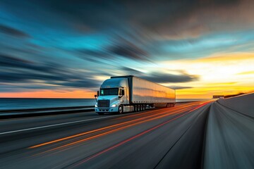 Wall Mural - A transport truck speeding along a coastal highway at sunset, with motion blur enhancing the sense of rapid movement and efficient logistics