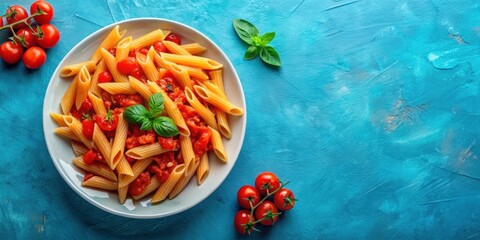 Top view of penne pasta in flavorful tomato sauce on a vibrant blue background