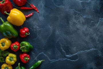 Top view of colorful bell peppers and chilies on a dark slate surface, with ample copy space