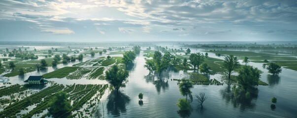 Wall Mural - Floodwaters engulfing farmland, 4K hyperrealistic photo