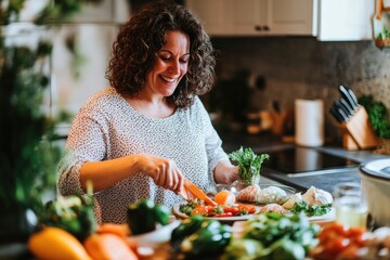 Joyful presenter woman in a cozy kitchen, preparing fresh ingredients with a smile, savoring the experience of cooking a healthy and delicious meal at home