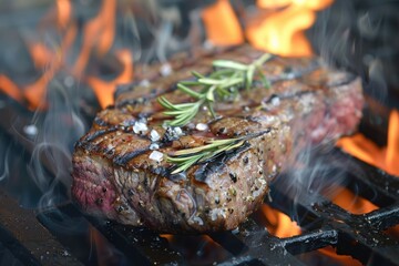 Wall Mural - Succulent steak searing over open flames, smoky scene