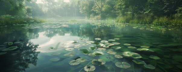 Wall Mural - Tranquil lake with lily pads and reflections, 4K hyperrealistic photo,