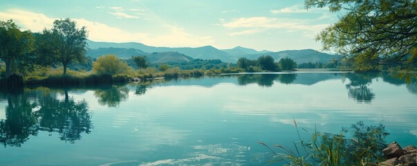 Wall Mural - Serene lake with a mirror-like reflection, 4K hyperrealistic photo