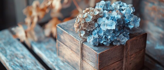 Wall Mural - Hydrangea Blooms in Wooden Box on Rustic Table