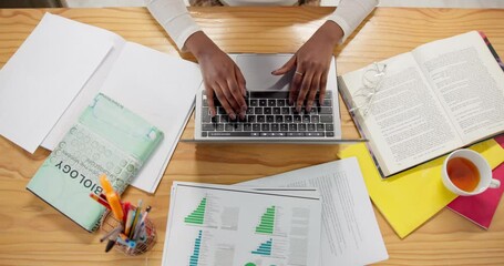 Canvas Print - Research, above and person hands on laptop for typing, biology assignment and information in home. Student, computer or books on table for communication, literature review or education with knowledge