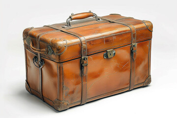 A vintage suitcase, with its weathered leather and retro charm, sits elegantly on a pristine white background, evoking a sense of nostalgia and adventure, as if it were captured in a timeless close-up