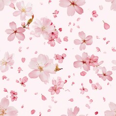  Seamless pattern of delicate cherry blossoms with soft pink petals on a white background creates a serene design perfect for spring-themed textiles and decor.