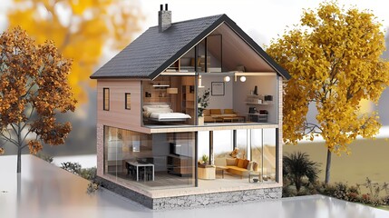 Wall Mural - Home concept. House sliced with interior. 3d illustration