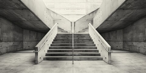 Poster - A monochromatic photograph showcasing the geometric details and symmetry of an outdoor concrete staircase enhanced by sleek metal handrails guiding the viewer s gaze in a graceful descent