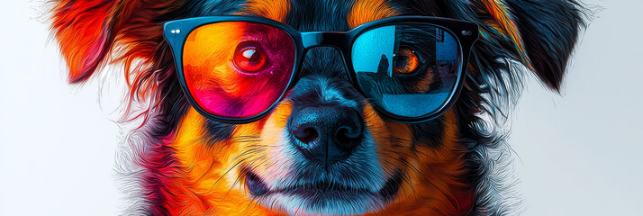 A dog with colorful fur is wearing sunglasses and looking directly at the camera.