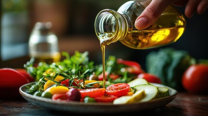 Canvas Print - Drizzling Olive Oil Over a Fresh, Colorful Vegetable Salad