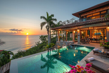 From a high-angle view, modern tropical island villa home with an infinity swimming pool at twilight offers a breathtaking panorama of sun setting over azure ocean, casting a warm glow on lush palm tr