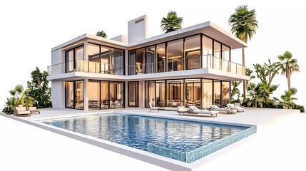 Canvas Print - Luxury house with swimming pool isolated on blank white background 3d illustration