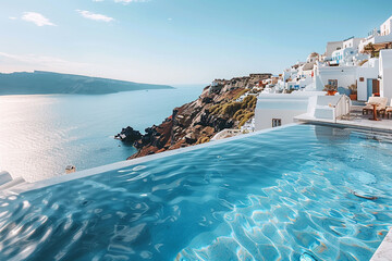 From a high-angle view on a sunny day in Santorini, luxury swimming pool glistens like a sapphire gem amidst whitewashed buildings, offering a panoramic view of azure Aegean Sea, creating a tranquil o