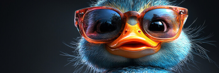 A close-up of a duckling wearing oversized sunglasses, with a playful expression on its face.