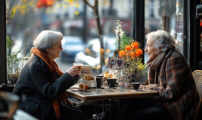 Two senior women sitting at a table in a cafe, one of them is wearing an orange scarf