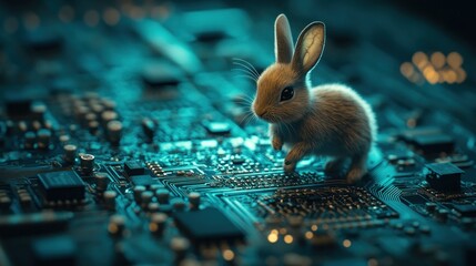 Wall Mural - A Small Rabbit Standing on a Circuit Board