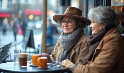 Two senior women sitting at a table with cups of coffee and a hat on one of them