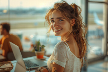 Wall Mural - From a wide-angle view on a sunny summer morning, vibrant scene captures a young woman's infectious smile as she stands in an airport lounge, engrossed in a lively conversation on her mobile, her lapt