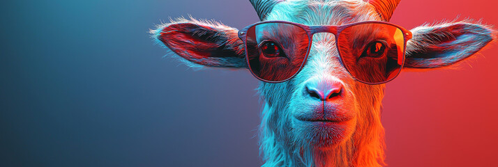 a close-up portrait of a goat wearing sunglasses, looking cool and confident against a blue and red 