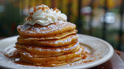 Wall Mural - Delectable Pumpkin Spice Pancakes with Whipped Cream Evoking Cozy Autumn Mornings