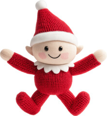 Cute red knitted elf doll with a smiling face isolated on transparent background.