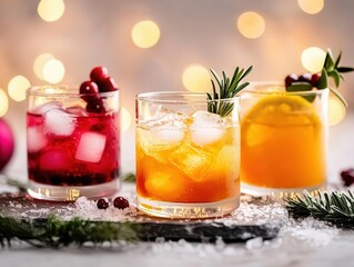 Glasses of cold juice with ice cubes, set on a table with winter decor, winter drinks, seasonal gathering