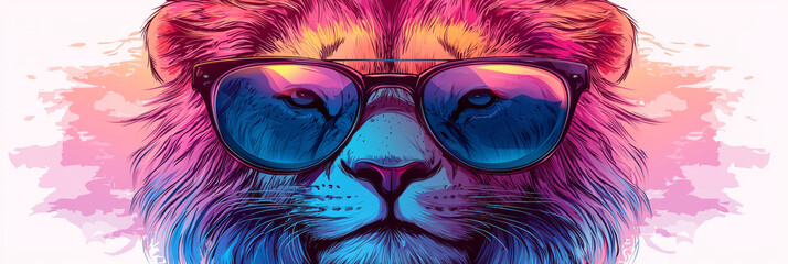 Sticker - A cool lion wearing sunglasses with a bright pink and blue mane.