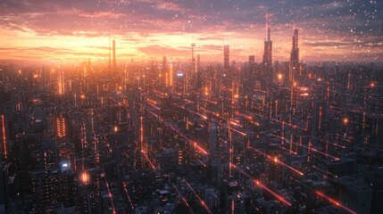 Futuristic Cityscape with Orange Lights and Streaks at Sunset