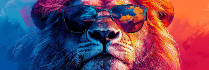 A lion wearing sunglasses and looking cool. The lion's mane is a vibrant mix of colors.