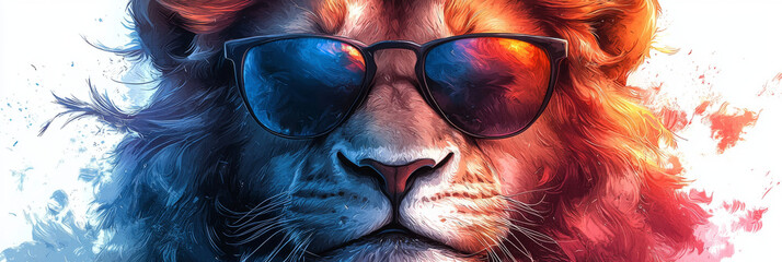 A lion wearing sunglasses with a cool and confident expression. The lion's mane is styled in a modern way.