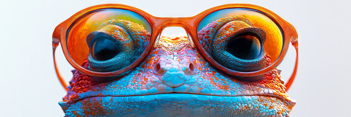 Wall Mural - A chameleon wearing round sunglasses looks directly at the camera, ready for summer.