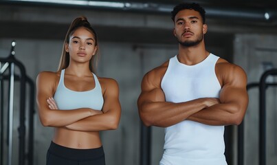 Athletic man and woman on gym background wearing in the sportswear, Generative AI