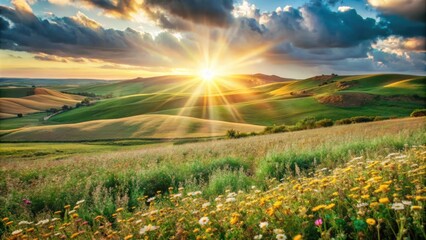 A scenic landscape with rolling hills under a bright sun.