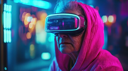 Wall Mural - Elderly Woman Wearing VR Headset in Neon Light