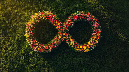 Sticker - Illustration of an infinity symbol made of red and yellow flowers on the lawn