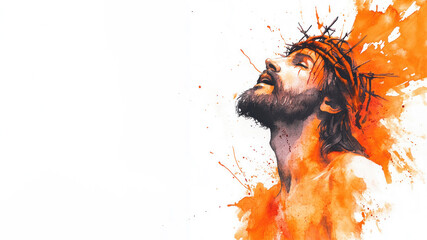 Orange watercolor painting of Crucifixion of Jesus Christ