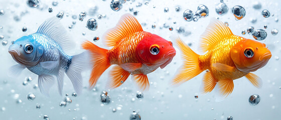 Colorful goldfish swimming gracefully in clear water, creating an enchanting underwater scene with bubbles and vibrant hues.